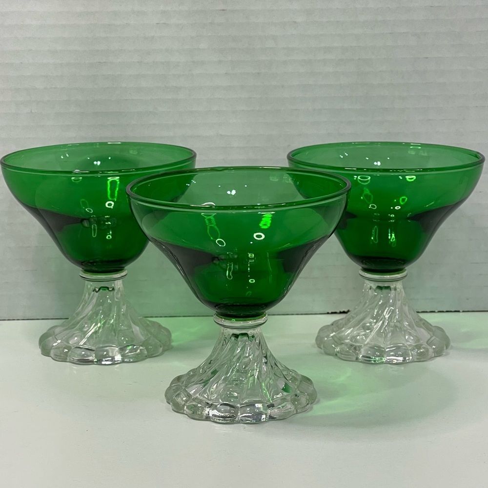 Vintage MCM Champagne Sherbet Glasses Emerald Green Swirl Stem Retro Set of 3
